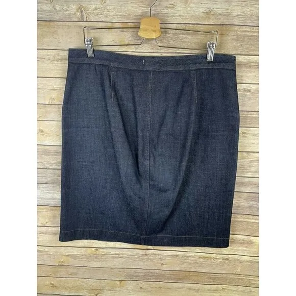 EILEEN FISHER Large Denim Pencil Jean Skirt Stretch Dark Blue Front Slit Organic