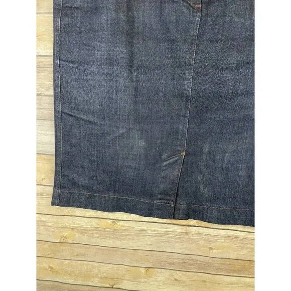 EILEEN FISHER Large Denim Pencil Jean Skirt Stretch Dark Blue Front Slit Organic
