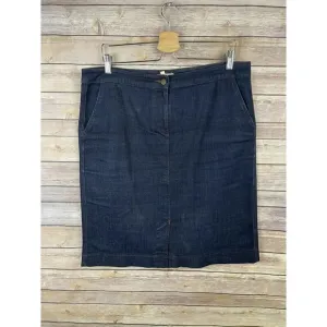 EILEEN FISHER Large Denim Pencil Jean Skirt Stretch Dark Blue Front Slit Organic