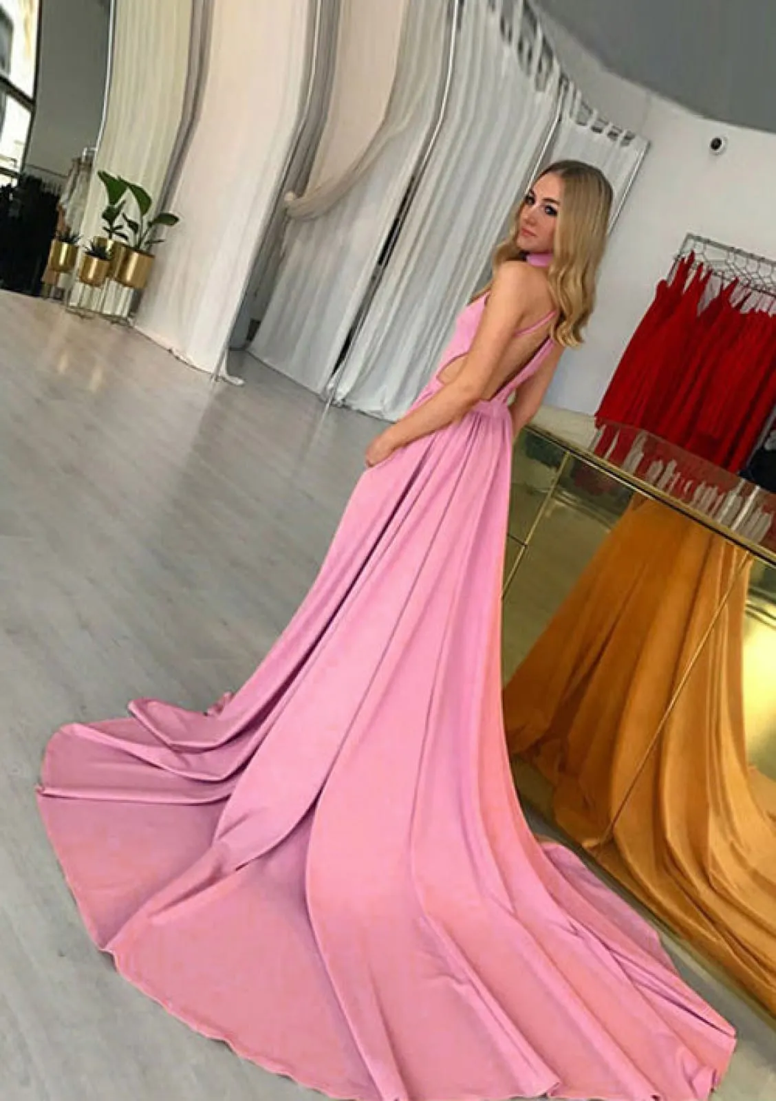 Elastic Satin Prom Dress A-Line High-Neck Open Back Chapel Train, Pleated