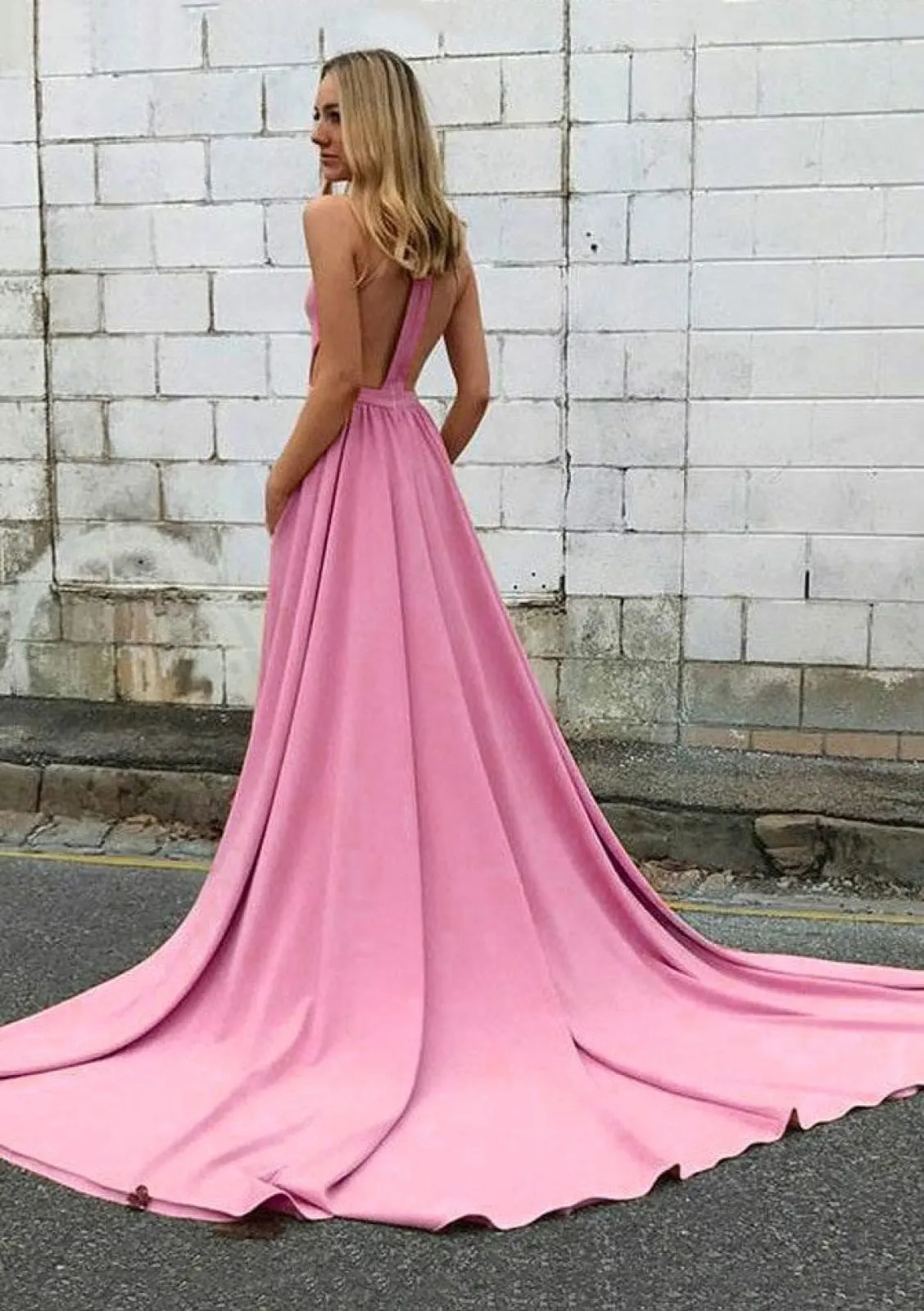 Elastic Satin Prom Dress A-Line High-Neck Open Back Chapel Train, Pleated