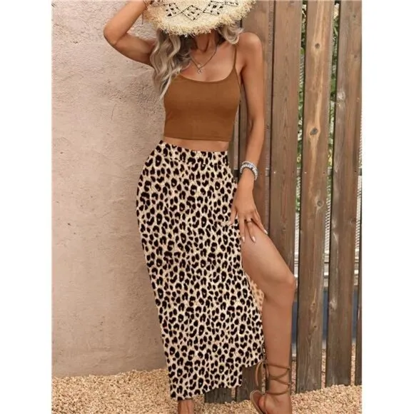 Elegant Vacation Style Women's Two-Piece Set With High Slit Leopard Long Skirt