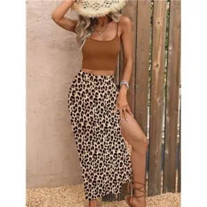Elegant Vacation Style Women's Two-Piece Set With High Slit Leopard Long Skirt