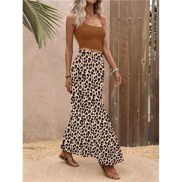 Elegant Vacation Style Women's Two-Piece Set With High Slit Leopard Long Skirt