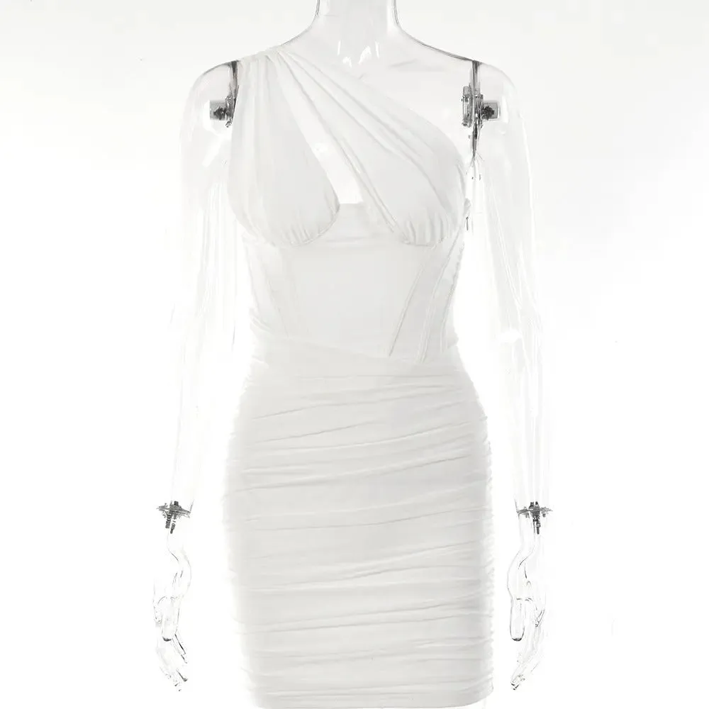 Elegant White Pleated Mini Summer Dress - Club Party Vestidos