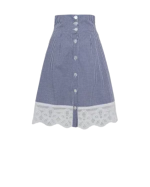 Eliana Midi Skirt with Lace in Navy Gingham