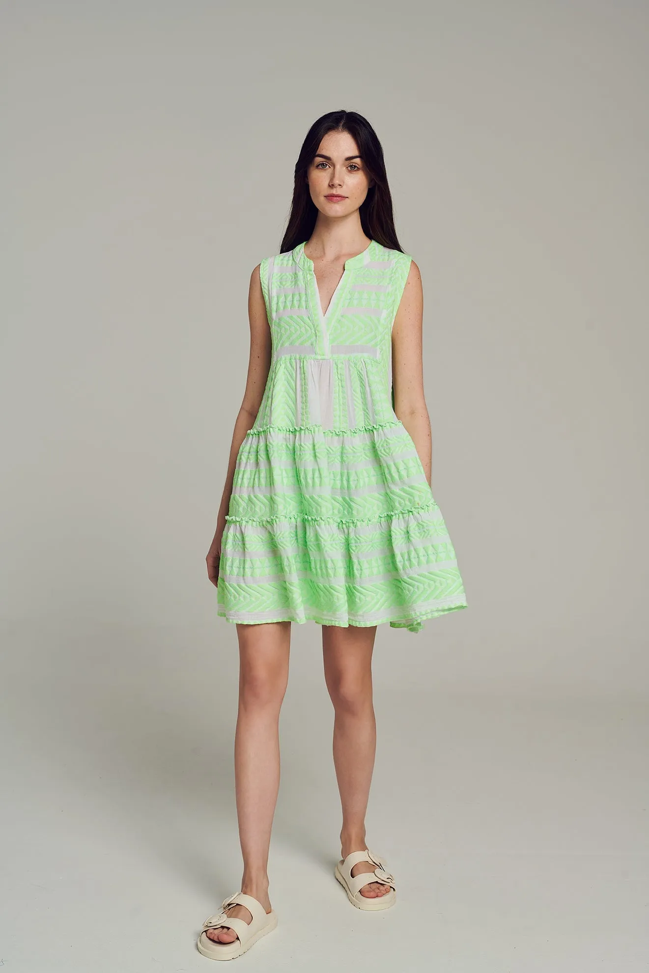 Ella Sleeveless Short Dress - Green/White