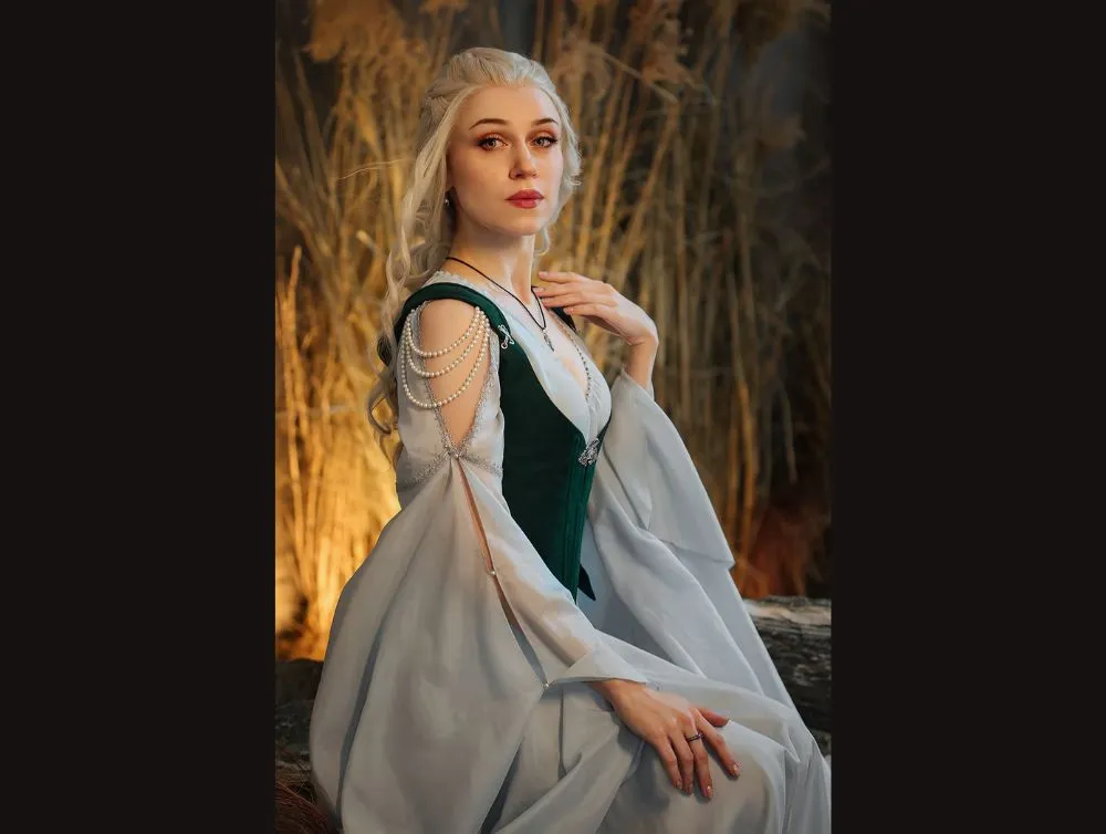 Elvish fantasy dress with midbust green corset