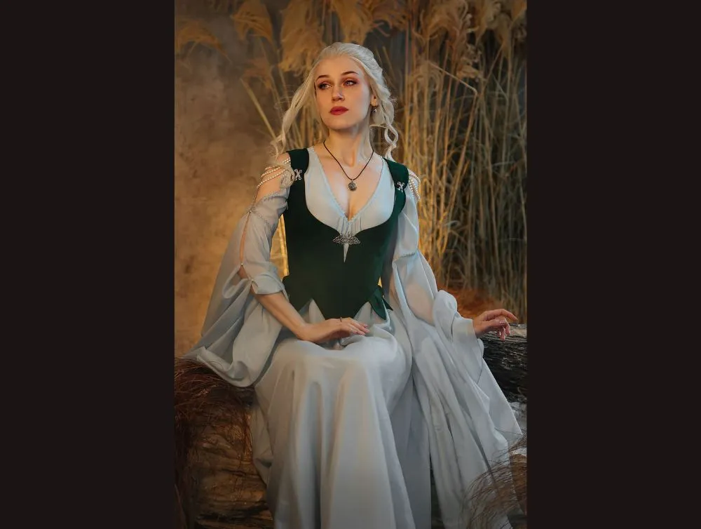 Elvish fantasy dress with midbust green corset