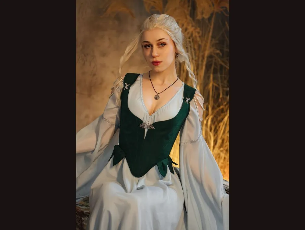 Elvish fantasy dress with midbust green corset