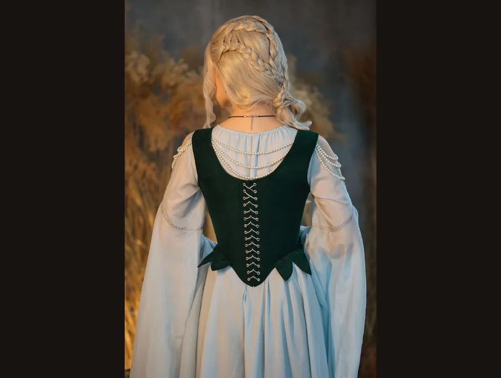 Elvish fantasy dress with midbust green corset