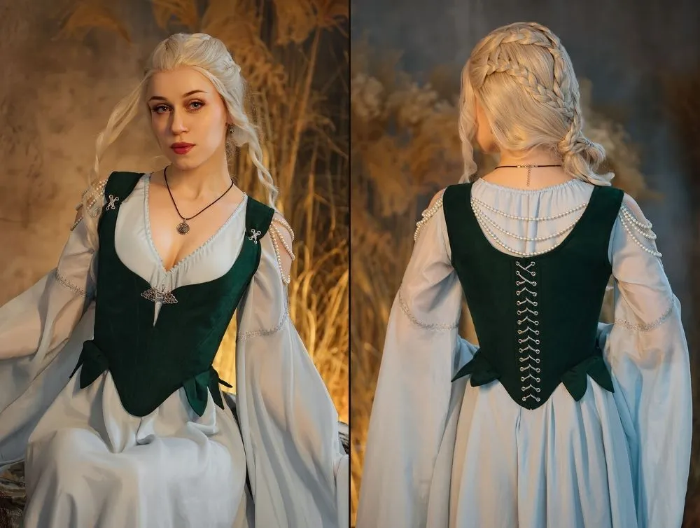 Elvish fantasy dress with midbust green corset