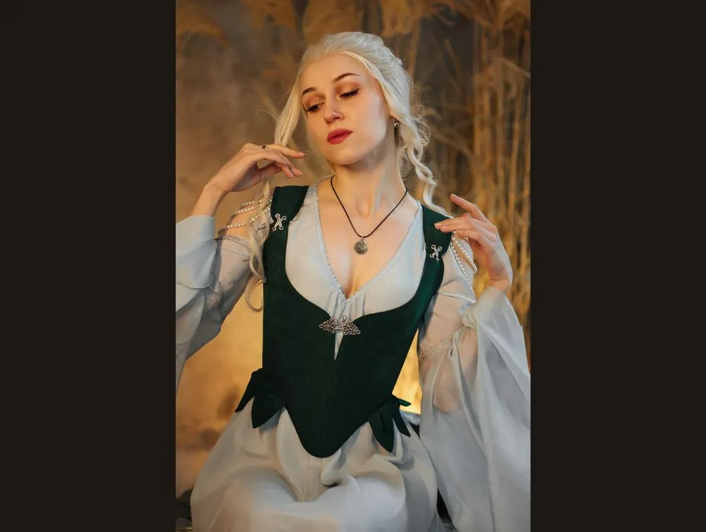Elvish fantasy dress with midbust green corset