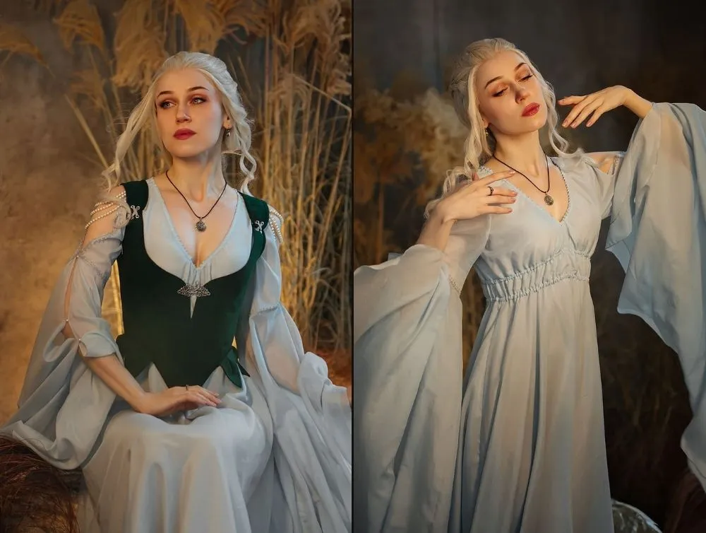 Elvish fantasy dress with midbust green corset
