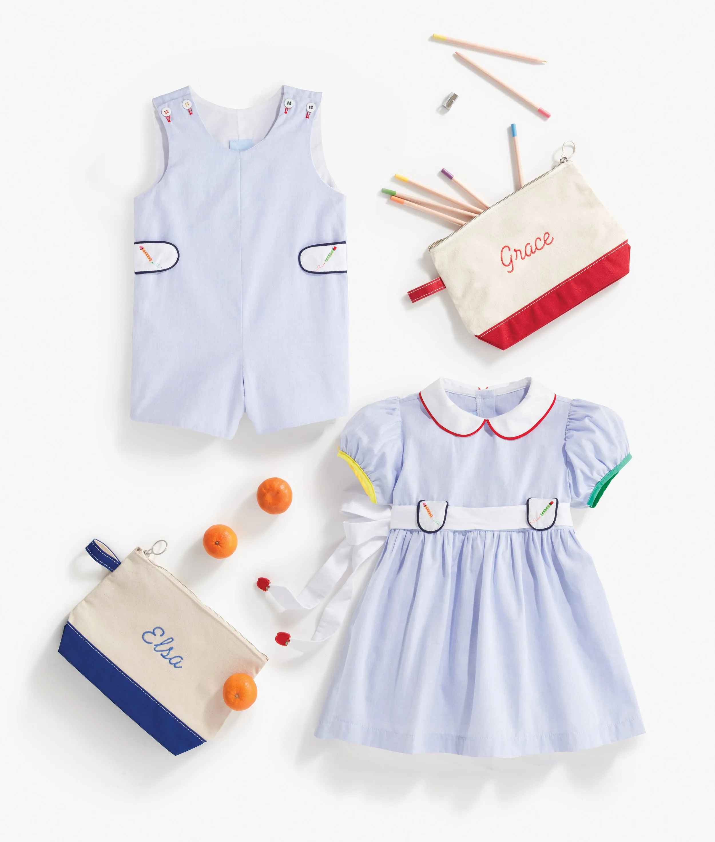 Embroidered Pencil Romper -- Blue Chambray