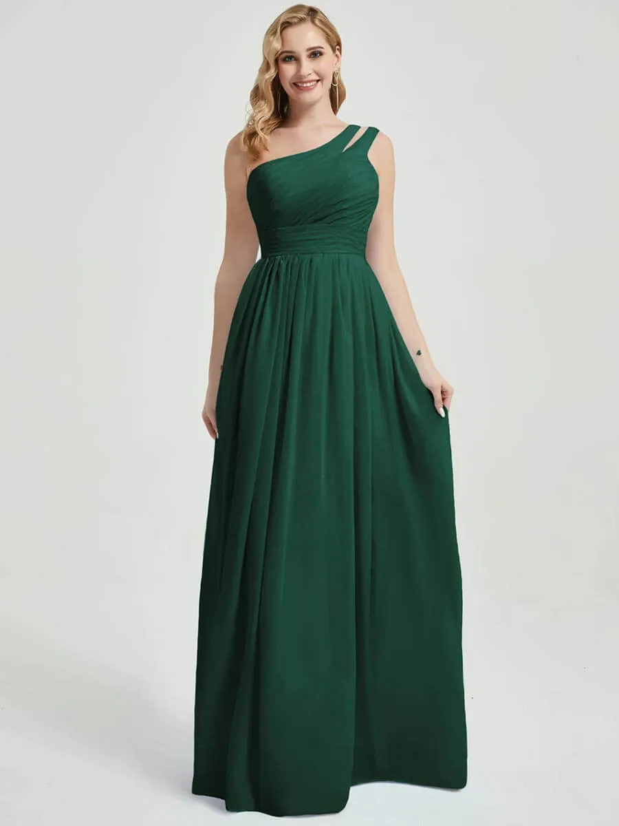 Emerald Green Pleated One Shoulder A-Line Maxi Chiffon Bridesmaid Dress