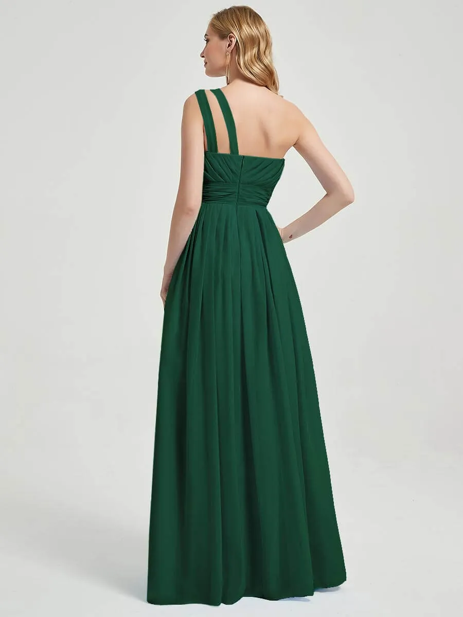 Emerald Green Pleated One Shoulder A-Line Maxi Chiffon Bridesmaid Dress