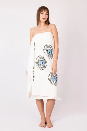 EVIL EYE Peshtemal in Cream & Blue