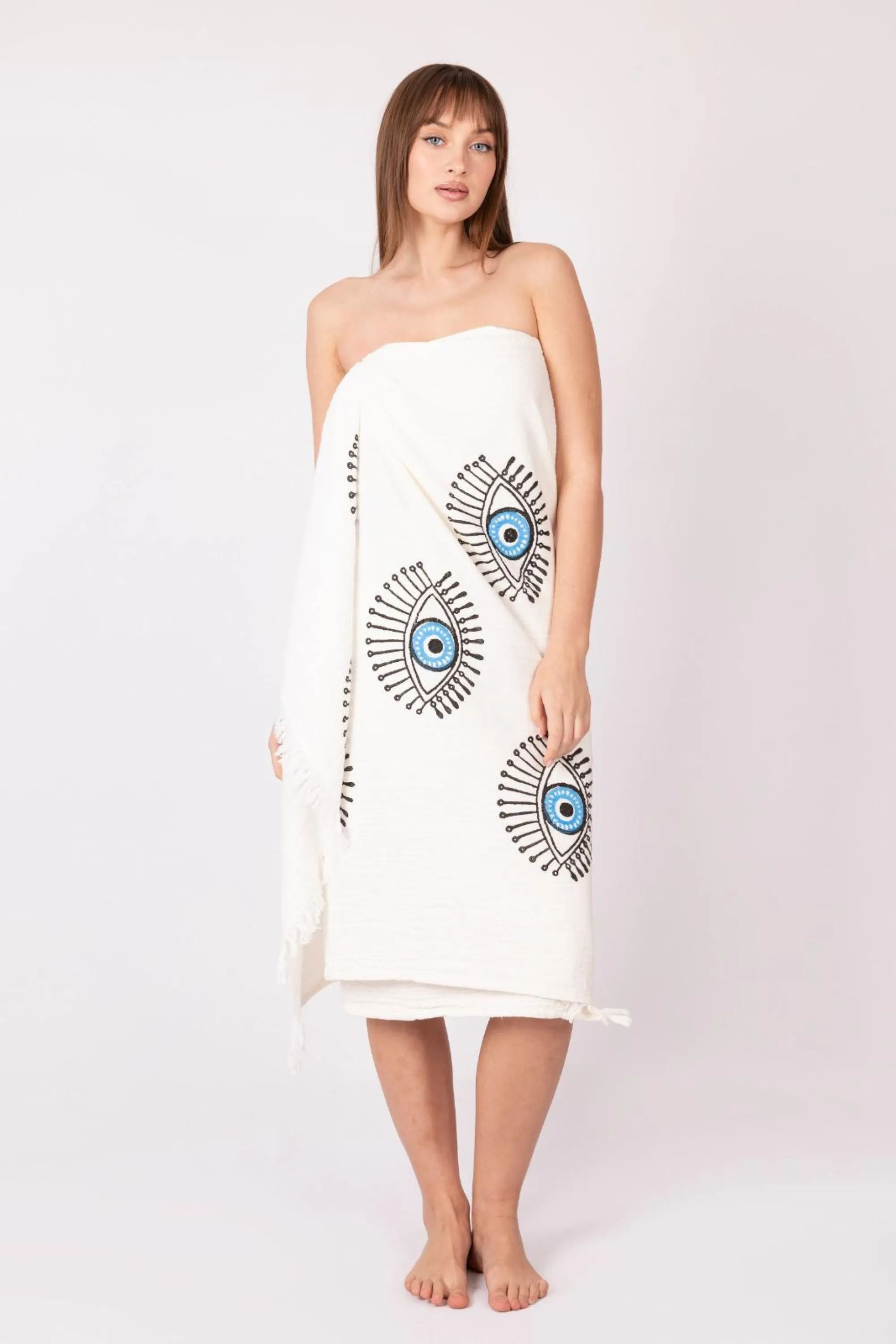 EVIL EYE Peshtemal in Cream & Blue