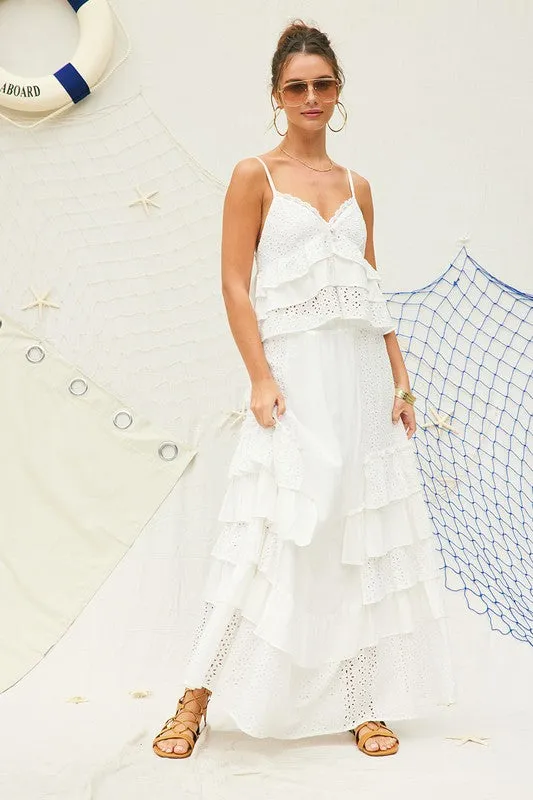 Eyelet Ruffle Maxi Skirt with crop top set