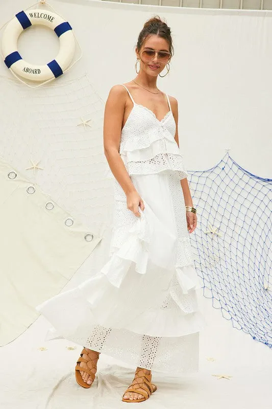 Eyelet Ruffle Maxi Skirt with crop top set