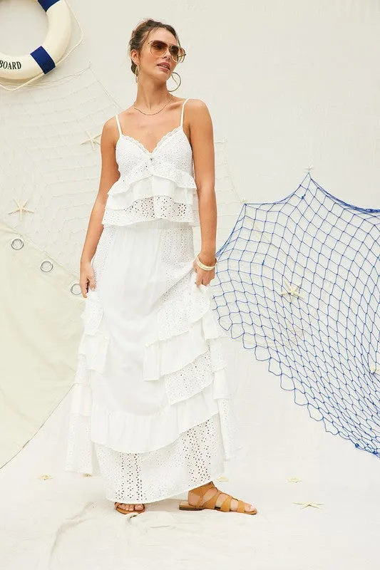 Eyelet Ruffle Maxi Skirt with crop top set