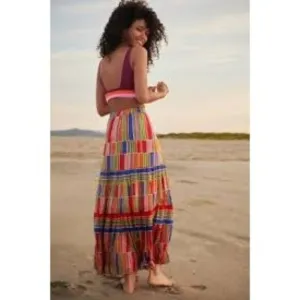 Farm Rio Alena Stripes Maxi Skirt Multicolor Tiered Ruffle Boho Cottage Core L