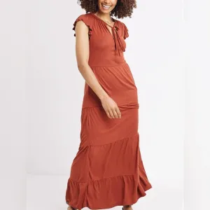 FAT FACE “Suki” Boho Ruffled Maxi Dress Tie Neck Rust Orange Size 14