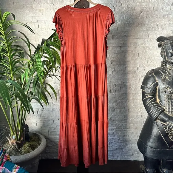 FAT FACE “Suki” Boho Ruffled Maxi Dress Tie Neck Rust Orange Size 14