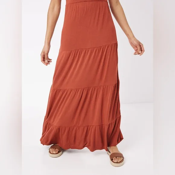 FAT FACE “Suki” Boho Ruffled Maxi Dress Tie Neck Rust Orange Size 14