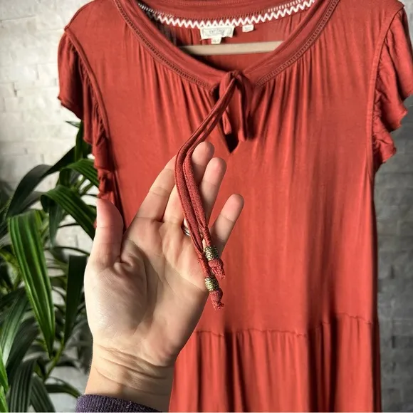 FAT FACE “Suki” Boho Ruffled Maxi Dress Tie Neck Rust Orange Size 14