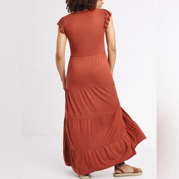 FAT FACE “Suki” Boho Ruffled Maxi Dress Tie Neck Rust Orange Size 14