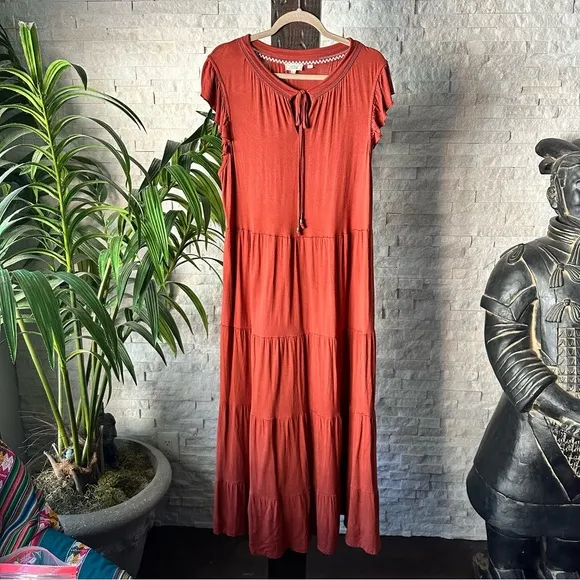 FAT FACE “Suki” Boho Ruffled Maxi Dress Tie Neck Rust Orange Size 14
