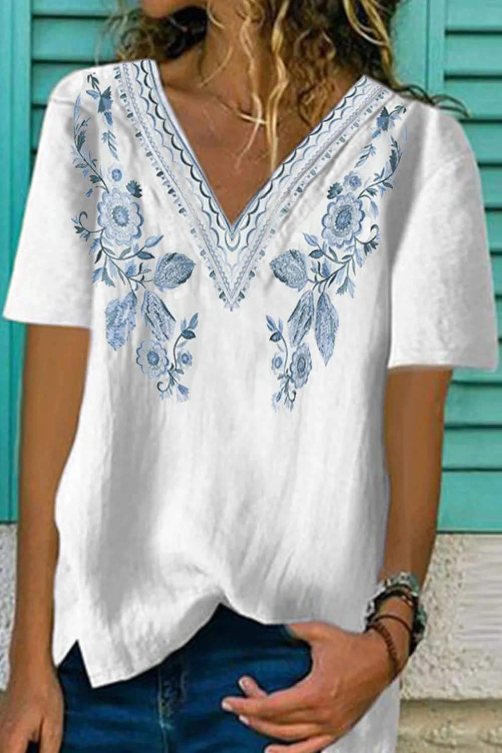 Floral Pattern V Neck Top