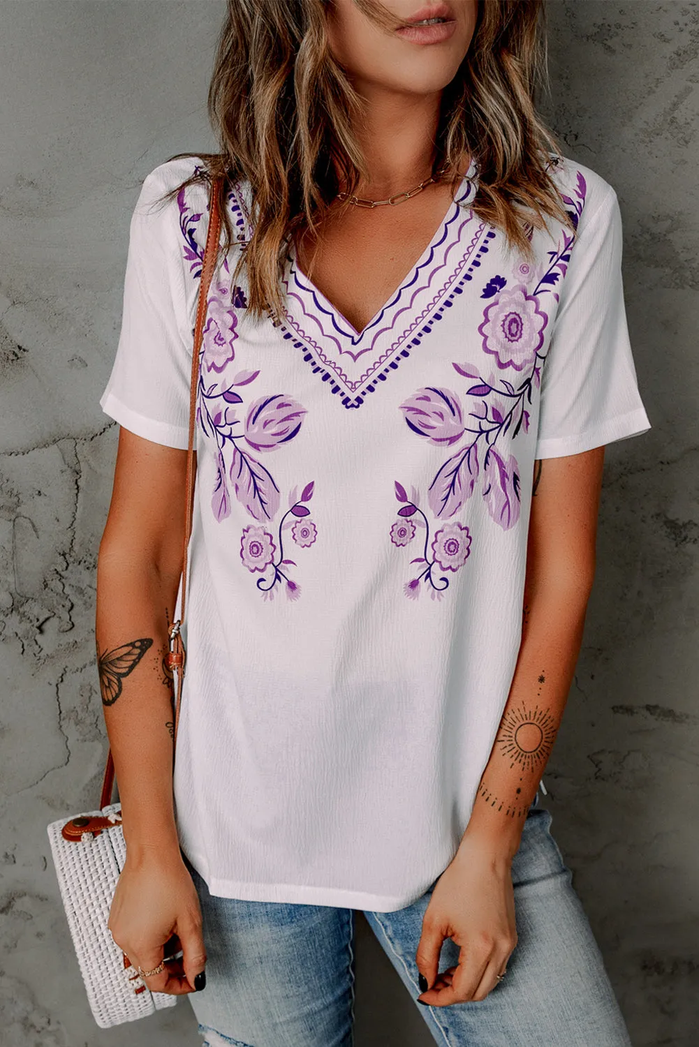 Floral Pattern V Neck Top