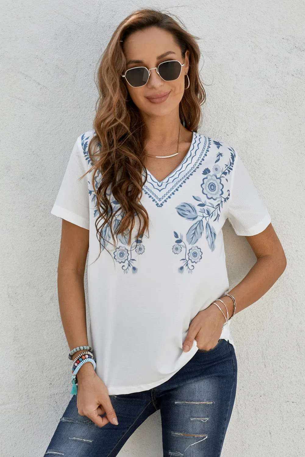 Floral Pattern V Neck Top