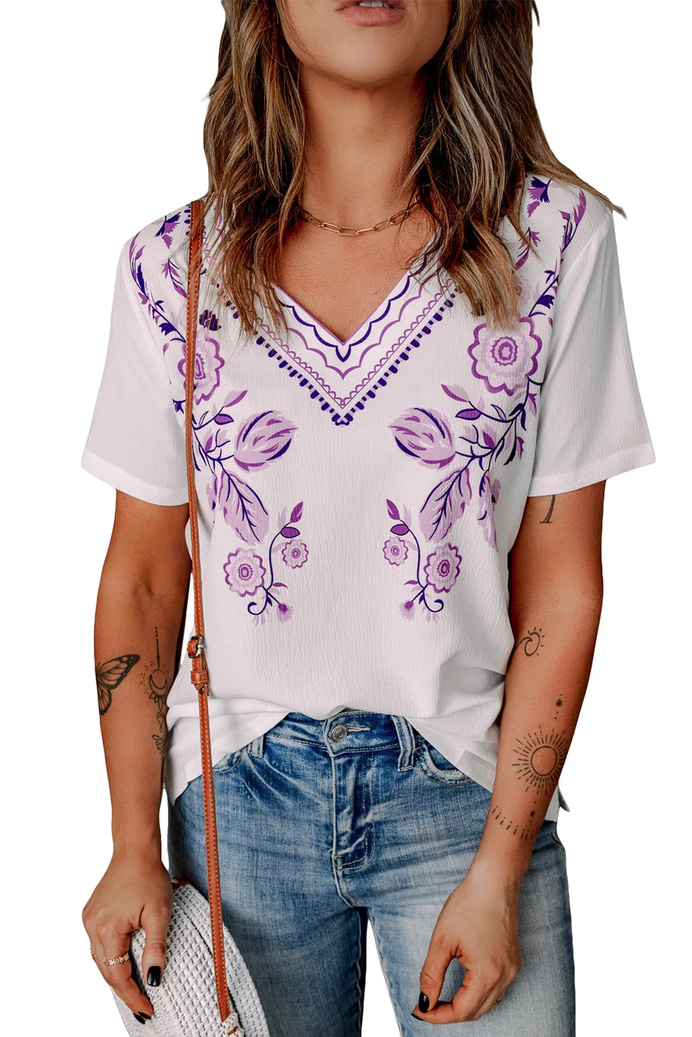 Floral Pattern V Neck Top