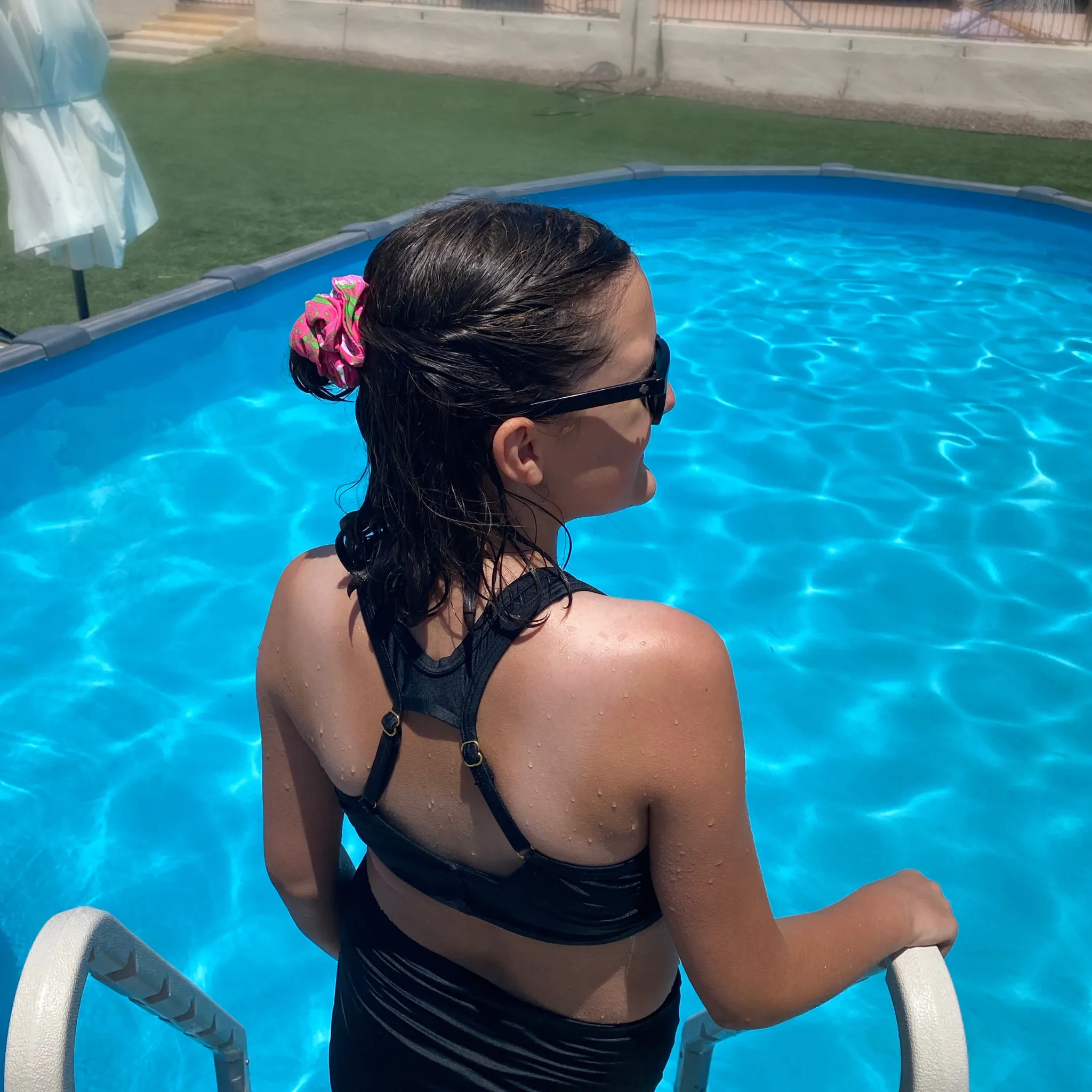 Floral Print with Lime Green on Hot Pink Swim Scrunchie