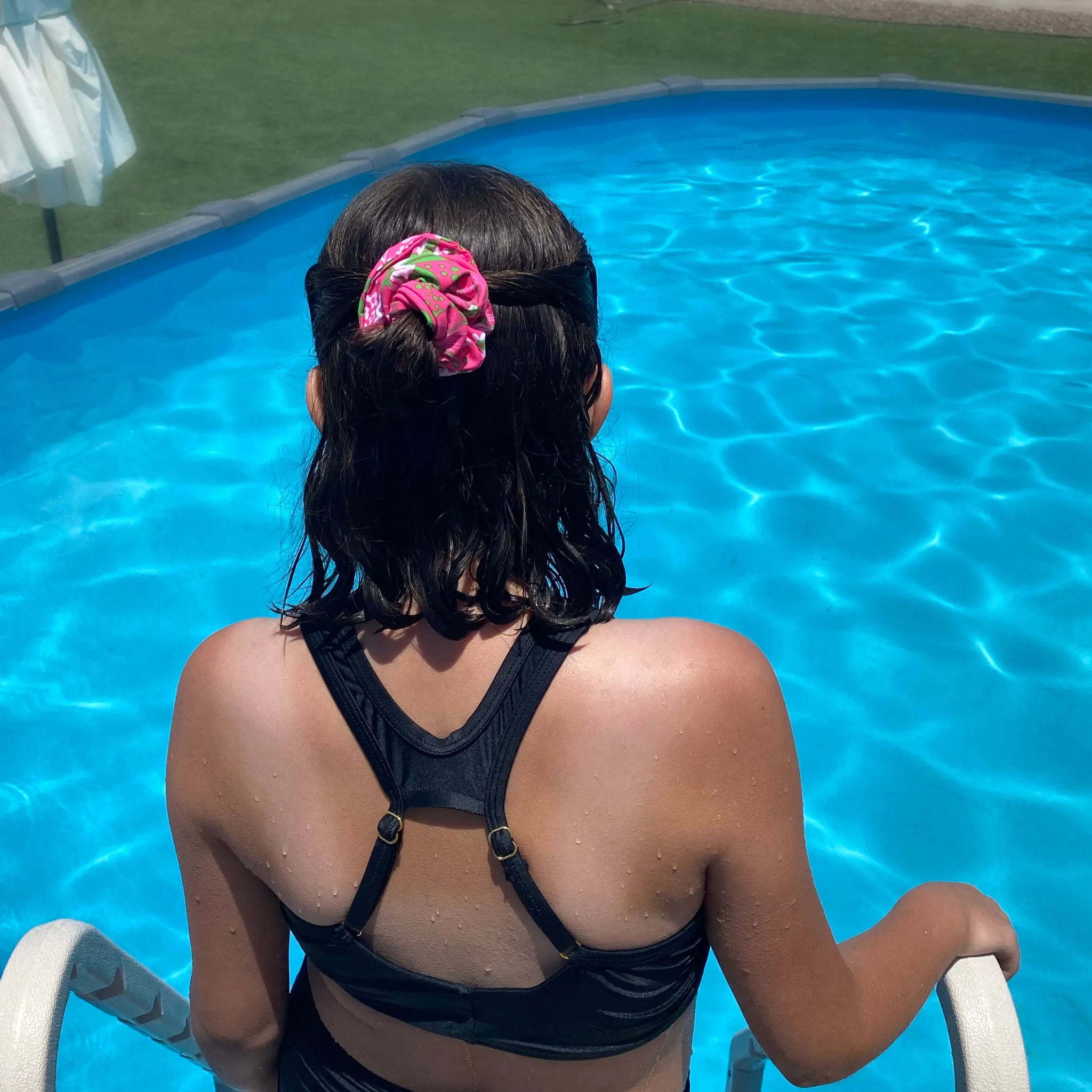 Floral Print with Lime Green on Hot Pink Swim Scrunchie