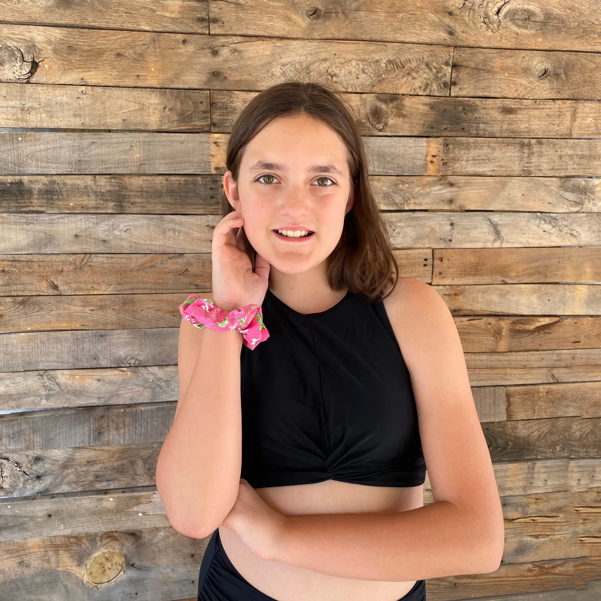 Floral Print with Lime Green on Hot Pink Swim Scrunchie