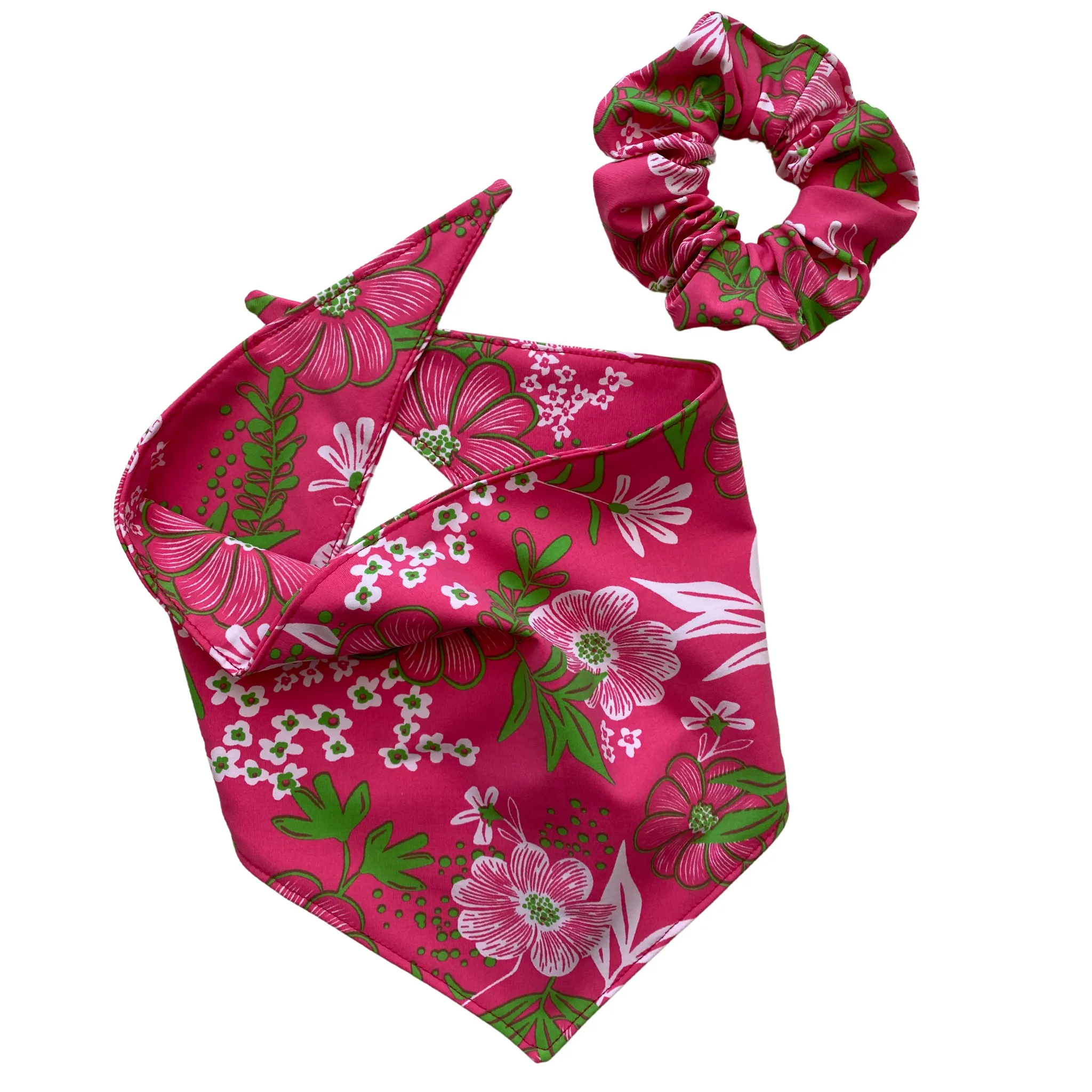 Floral Print with Lime Green on Hot Pink Swim Scrunchie