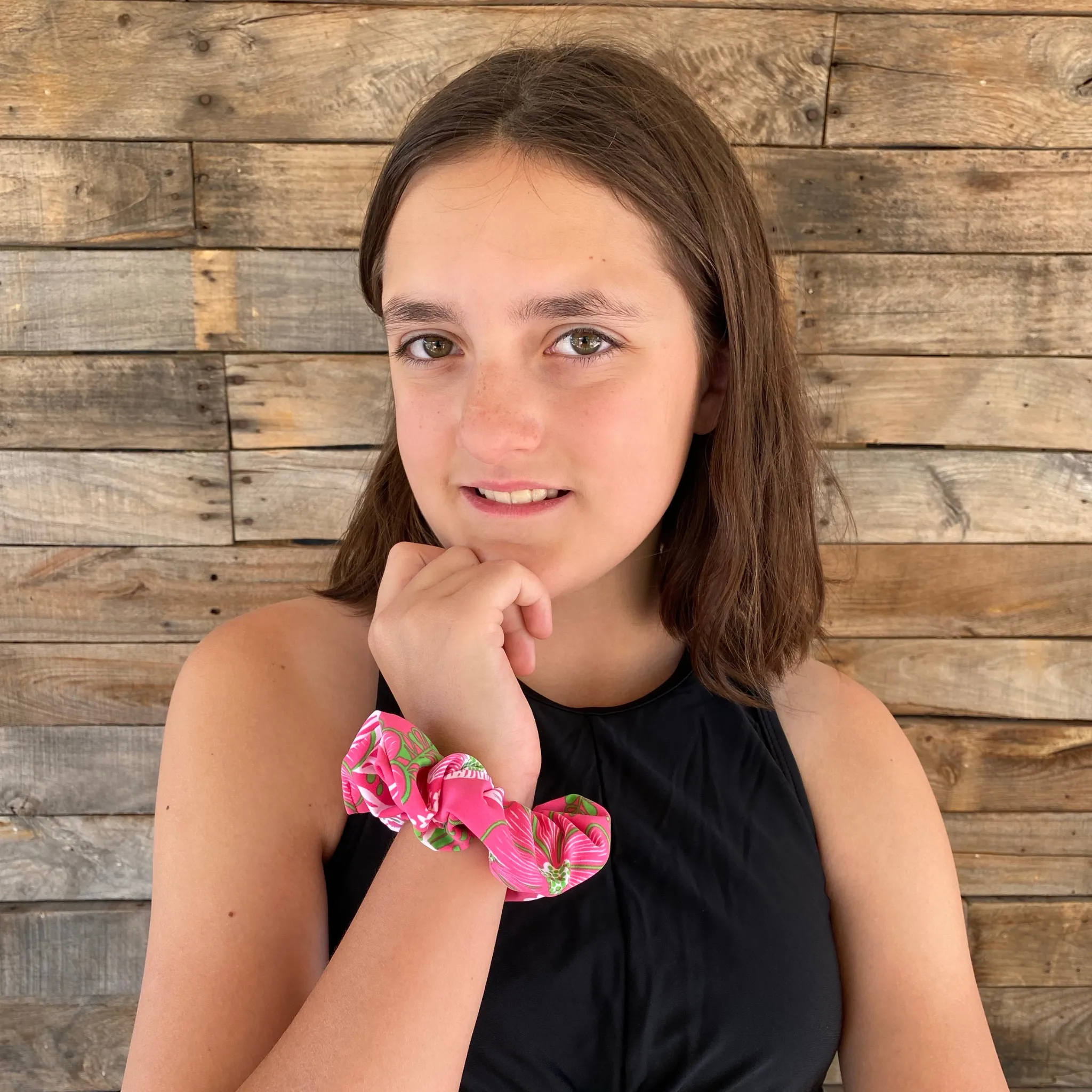 Floral Print with Lime Green on Hot Pink Swim Scrunchie