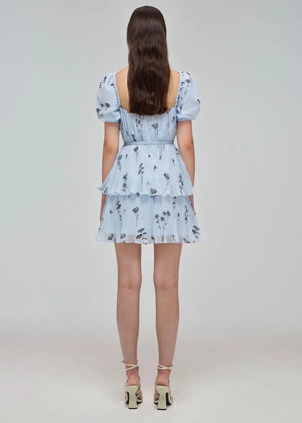 Floral Silhouette Chiffon Tiered Mini Dress (Blue)