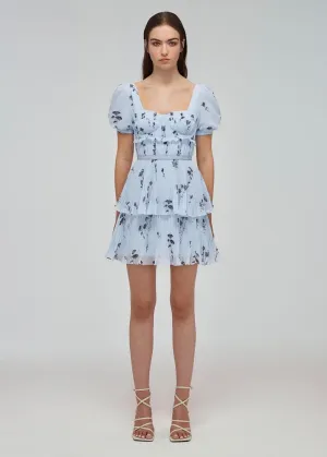 Floral Silhouette Chiffon Tiered Mini Dress (Blue)