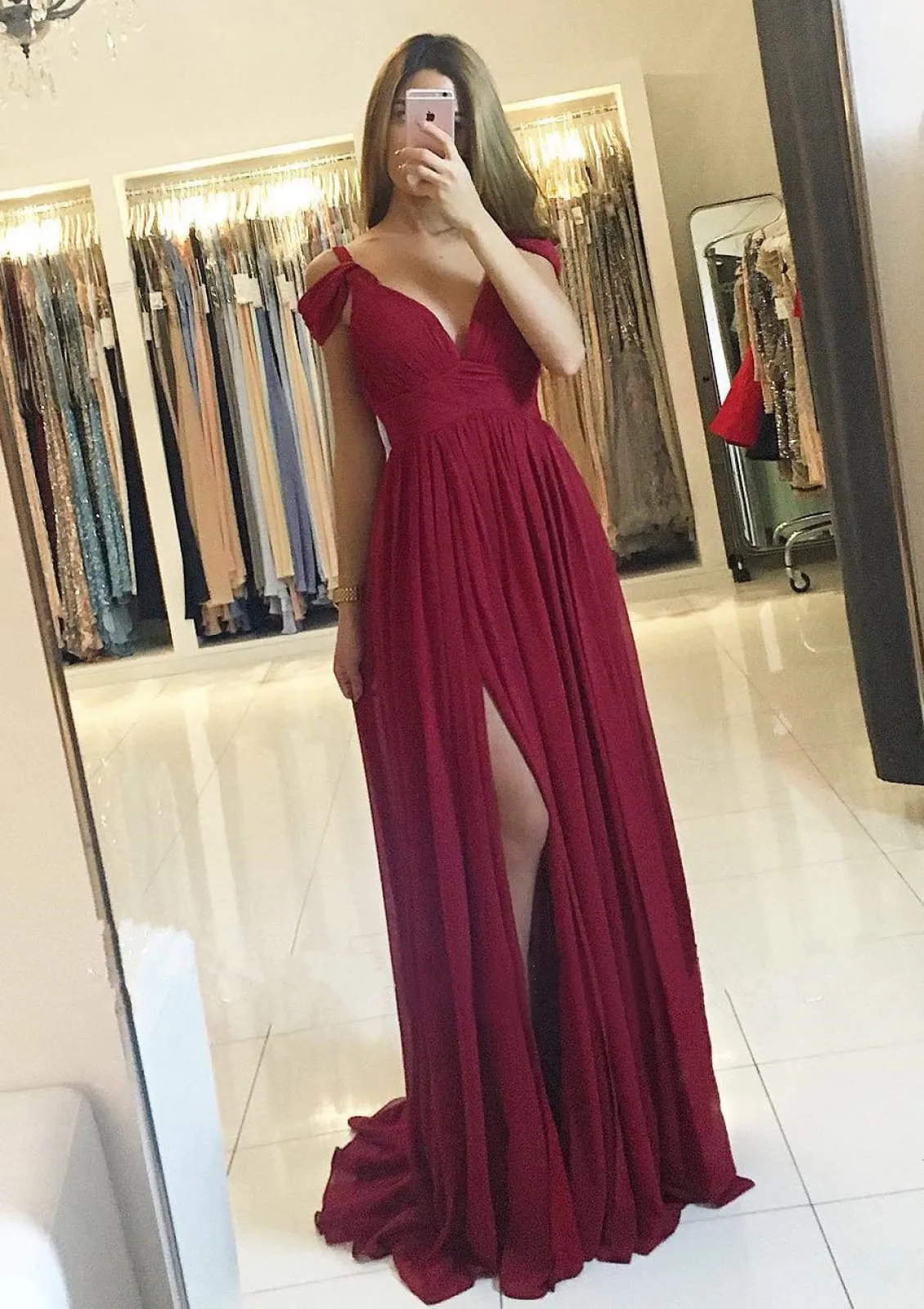 Formal Cold Shoulder A-line Split Burgundy Chiffon Long Bridesmaid Dress, Pleated