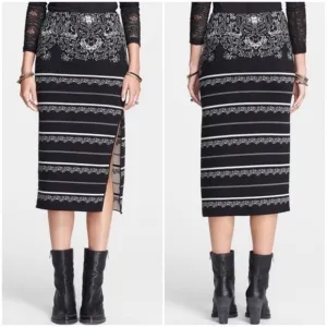 FREE PEOPLE Black &amp; White Irreplaceable Knit Pull On Midi Pencil Skirt Large