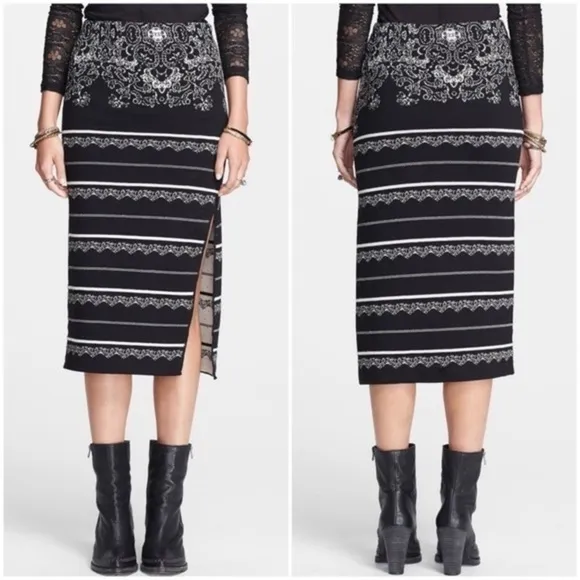 FREE PEOPLE Black &amp; White Irreplaceable Knit Pull On Midi Pencil Skirt Large
