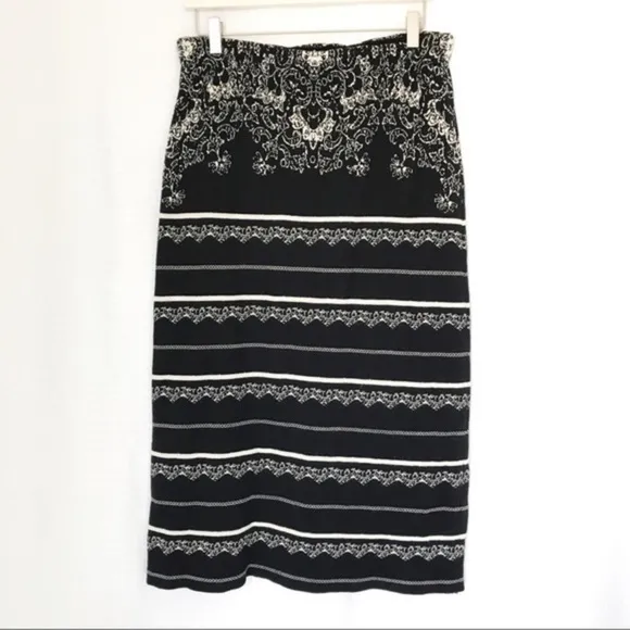 FREE PEOPLE Black &amp; White Irreplaceable Knit Pull On Midi Pencil Skirt Large