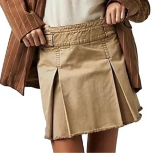 Free People C Denim Pleated Mini Skirt Sand/Sable Size 14 NEW Cotton Raw Hem