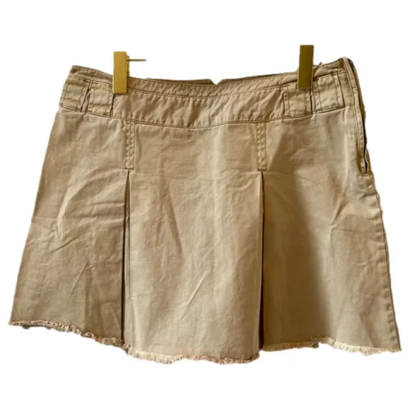 Free People C Denim Pleated Mini Skirt Sand/Sable Size 14 NEW Cotton Raw Hem